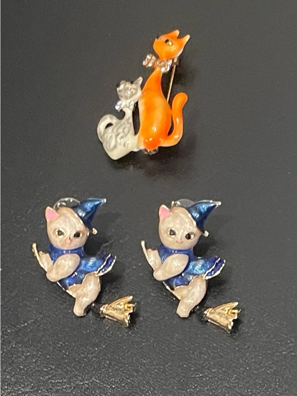 Adorable Cat Enamel Jewelry - Cat Witch Earrings, Cat Duo Brooch Your Choice!